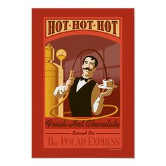 an advertisement for the polar express featuring a man holding a hot chocolate in his hand