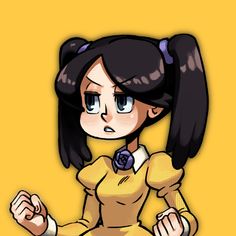 a cartoon girl with long black hair wearing a yellow dress and holding her hands up