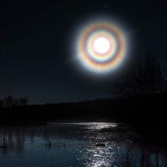 an object is seen in the night sky over a body of water with trees around it