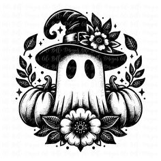 a black and white drawing of a pumpkin with a witches hat