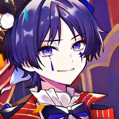 an anime character with blue eyes and purple hair, wearing a red jacket and bow tie