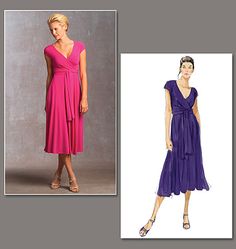 three different styles of women's dresses and one is wearing a dress with an asymmetrical neckline