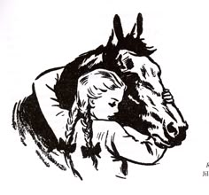 a black and white drawing of a woman hugging a horse