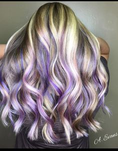 Purple With Blonde Highlights, Purple And Blonde Hair, Purple Highlights, Colored Highlights, Blonde Highlights, Wavy Hair, The Back, Blonde Hair, Highlights