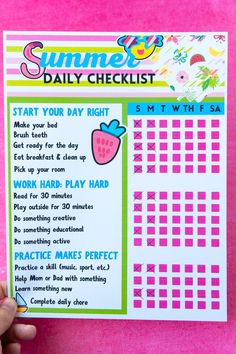 someone is holding up a printable summer daily checklist for the kids to use