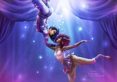 a painting of two people dancing in front of a stage curtain with stars and lights