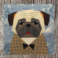 a pug dog wearing a suit and tie on a blue background with snowflakes