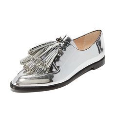 Step into style with these Metallic Silver Lace Up Fringe Oxfords. The perfect blend of sophistication and flair, these shoes add a touch of shine to your everyday ensemble. Color: Silver Material: Metallic finish Toe: Closed toe Lace-up design and fringe embellishment Handcrafted US sizing. Fits true to size. Jordan Shoes For Women, Shoe Sketches, Black Shoes Heels, Shoes Drawing, Sincerely Jules, Latest Shoe Trends, Silver Lace, Metal Lace, Valentino Shoes