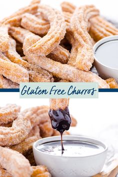 a plate with churros and dipping sauce on it that says gluten free churros