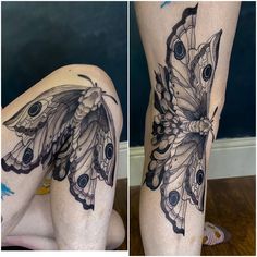 a woman's legs with butterfly tattoos on them, and another photo of her leg