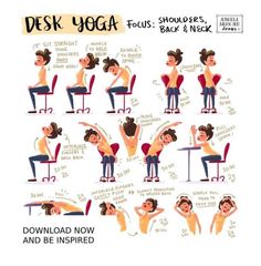 a woman doing yoga poses on her desk with instructions to do the back and neck