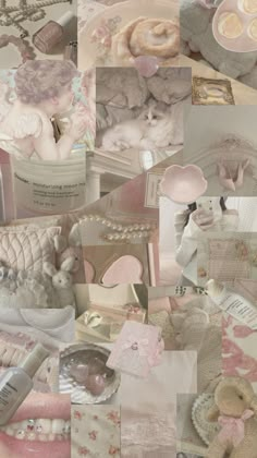 a collage of pink and white items including teddy bears, candles, pillows, blankets