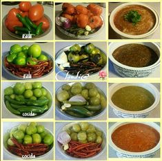 there are many pictures of different types of food in the bowls on the table together