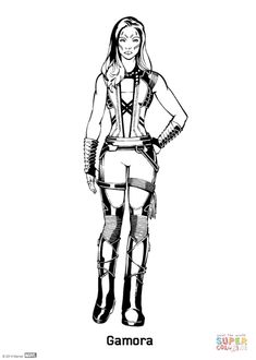 a black and white drawing of a woman in leather clothes with her hands on her hips