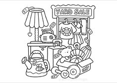 a black and white drawing of a yard sale sign with teddy bears in the background