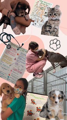 a collage of dogs, cats and people with their names on the signs in front of them