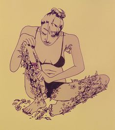 a drawing of a woman sitting on the ground with flowers in her lap and writing