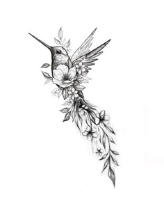 a drawing of a hummingbird with flowers and leaves