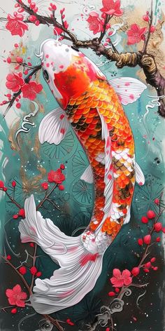 a painting of a koi fish in the water with red flowers on it's side