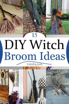 the words diy witch brooms and brooms are shown in this collage