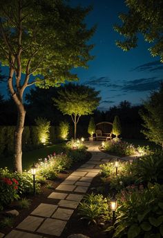 a garden path lit up with lights at night