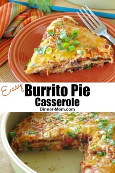 a plate with a slice of burrito pie on it next to the rest of the casserole