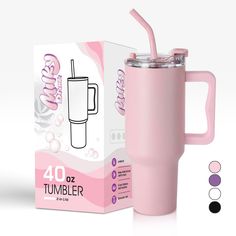 the pink tumbler cup is next to its box