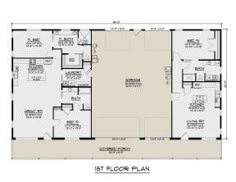 the first floor plan for a home with two living areas and an office space on one side