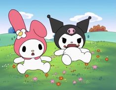 two cartoon characters are sitting in the grass