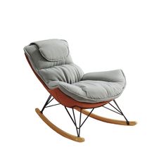 a rocking chair with grey cushions and wooden legs