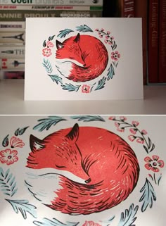 two cards with red foxes on them, one is in the shape of a circle