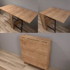 three different views of a wooden table with two metal legs and one is empty, the other has been made out of plywood