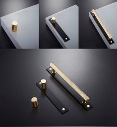 four different views of the handles and pulls on a black surface with gold hardware,