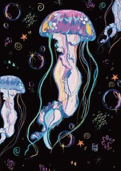 two jellyfishs are swimming in the water with bubbles and stars around them on a black background