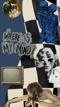 a collage of images with an old tv and a skeleton on the wall next to it