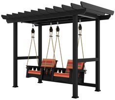 an outdoor swing set with orange seats and black frame, attached to a pergolated roof