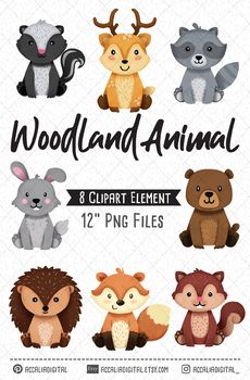 woodland animal clipart set with different types of animals and their names on the front