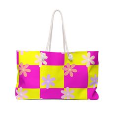 Elevate your weekend getaway style with this eye-catching weekender bag in a vibrant neon pink and yellow checkered color block print adorned with charming flowers. This spacious and stylish bag is perfect for packing all your essentials for a quick trip or overnight stay.  Stand out from the crowd and make a bold statement with this unique and trendy accessory that combines practicality with a touch of whimsical flair. Upgrade your travel game with this must-have bag that is sure to turn heads wherever you go! 💝Totes make perfect gifts! ⭐You can click the name above(KellaTotes) to go directly to my shop and check out the Coordinating Backpack and Cosmetic bag as well as other Collections available.  ⭐⭐Free Shipping on All Items! 🛍️WEEKENDER DETAILS: See Slide for Info.  Each tote is ass Yellow Checkered, Weekender Tote, Pink And Yellow, Trendy Accessories, Weekend Getaway, Stylish Bag, Season Colors, Weekend Getaways, Weekender Bag