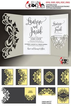 the wedding card is designed with black and yellow paper