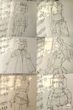 four drawings of different outfits and music notes