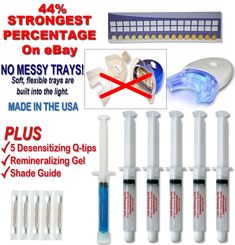 Purchase Includes: 5 - DENTAL GRADE GEL 10cc. Large Gel Tubes (Enough for 50 applications)  FREE 1 - Accelerator LED Light BUILT IN TRAY COMBO  FREE  1- Shade Guide FREE  5 - DESENSITIZING Q-TIPS FREE 1 - REMINERALIZATION SYRINGE FREE Printed Easy to Follow Instructions    BUY DIRECT FROM THE MANUFACTURER! 44% Strongest Gel on eBay! We are excited to now offer the highest strength of Carbamide Peroxide on eBay: 44% Achieve better and faster results wi Coconut Teeth Whitening, Tooth Bleaching, Dental Bleaching, Peroxide Teeth Whitening, Teeth Whitening Gel, Charcoal Teeth Whitening, Teeth Whitening Pen, Teeth Whitening Strips, Dental Teeth