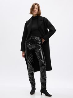 Fit: A slim, ankle-length classic.  More room than our True Skinny, but just as comfortable.  Fabric: 100% Polyester.  Stretch: No-Stretch Pants.  Rise: High Rise Pants.  Look:A five pocket vegan patent leather pant.  Details: Zip fly & five-pocket styling.  Our High Rise Pant has an 11" 28 cm) rise. ​ Fitted through the hip & thigh.  Slim leg.  Ankle-length pants.  13. 25" 34 cm) leg opening. ​ Inseam: Petite 25. 5" 65 cm), Short 26" 66 cm), Regular 27. 5" 70 cm), Long 29. 5" 75 cm), Tall 32" 8 Gap High Waist Jeans For Fall, Business Casual Leather Pants Straight Leg For Fall, Winter Slim Fit Tapered Leg Pants, Elegant Gap Straight Leg Bottoms, Gap Classic Jeans For Fall, Chic Straight Pants By Gap, Fall Straight Fit Full Length Bottoms, Sleek Tapered Leg Pants For Fall, Sleek Tapered Leg Fall Pants