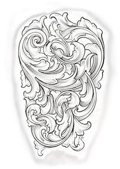 an intricate tattoo design on the back of a man's head, with waves and clouds