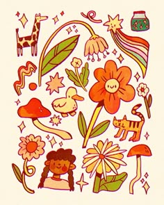 an image of flowers and animals on a white background