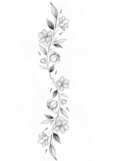 a black and white drawing of flowers with leaves on the bottom half of their arm