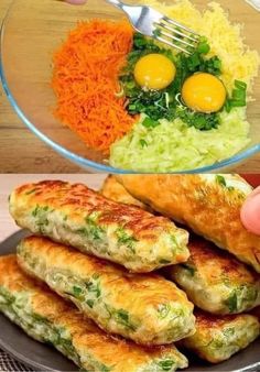 two pictures with different foods in them and one has an egg on top, the other has broccoli