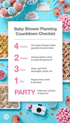 the baby shower planning checklist is displayed on a table with cupcakes and other items