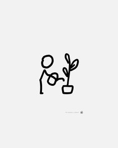 a black and white drawing of a person holding a potted plant with one hand