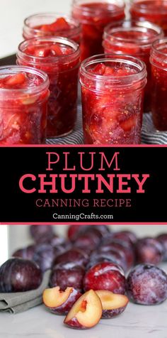 plum chutney canning recipe in mason jars with fresh plums on the side