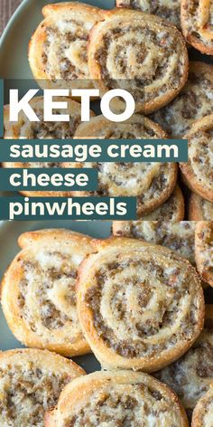 keto sausage cream cheese pinwheels on a plate with the title above it